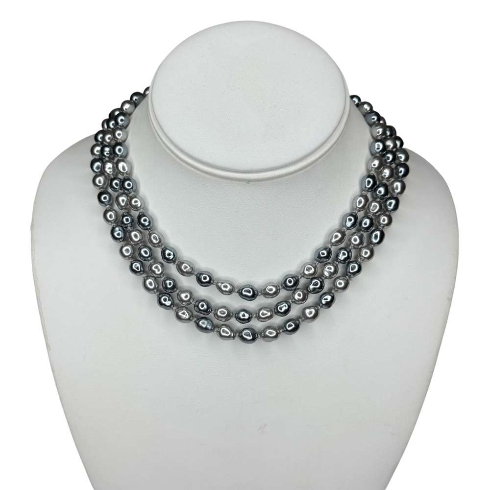Vintage Triple Strand Baroque Faux Pearl 15" Grey Necklace Ornate Clasp